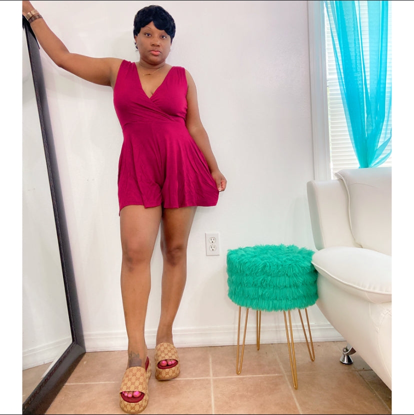 Burgundy romper with pockets